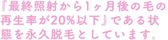 『最終照射から1ヶ月後の毛の再生率が20%以下』である状態を永久脱毛としています。