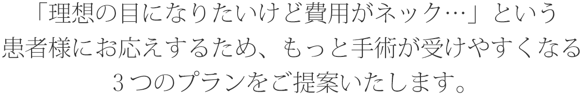 「理想の目になりたいけど費用がネック…」という患者様にお応えするため、もっと手術が受けやすくなる３つのプランをご提案いたします。