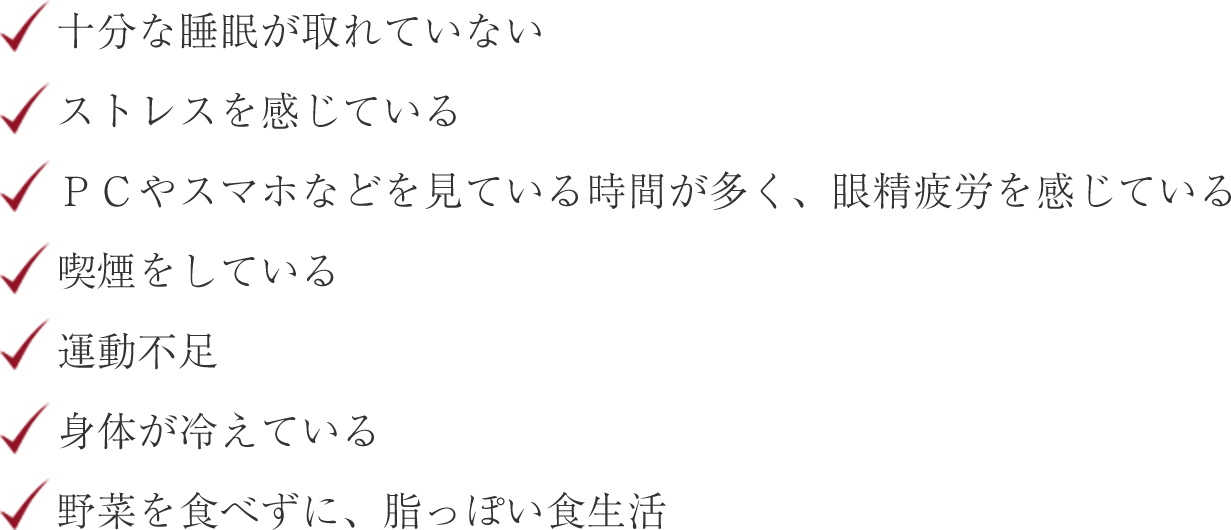 十分な睡眠が取れていない ストレスを感じている PCやスマホなどを見ている時間が多く、眼精疲労を感じている 喫煙をしている 運動不足 身体が冷えている 野菜を食べずに、脂っぽい食生活