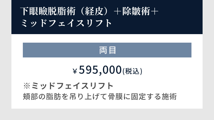 下眼瞼脱脂術（経皮）＋除皺術＋ミッドフェイスリフト 両目 ￥595,000(税込) ※ミッドフェイスリフト 頬部の脂肪を吊り上げて骨膜に固定する施術