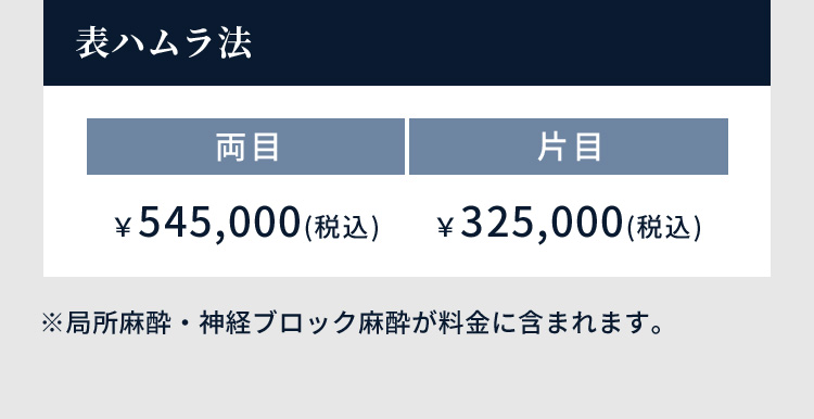 表ハムラ法 両目 ￥545,000(税込) 片目 ￥325,000(税込) ※局所麻酔・神経ブロック麻酔が料金に含まれます。